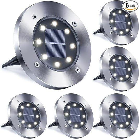Toodour 6 Pack Solar Ground Lights Outdoor, 8 LED Waterproof Solar in-Ground Disk Lights for Garden Driveway Lawn Pathway Yard Pool Step, White