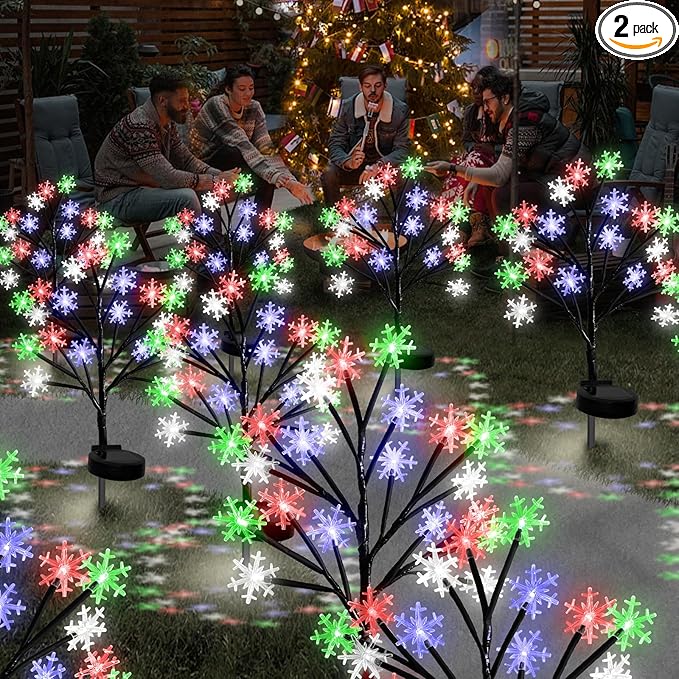 Multicolor Snowflakes Solar Pathway Lights for Christmas Decorations Outdoor - 2PACK 40LED Garden Stake Lights, Waterproof Outdoor Snowflakes Solar Christmas Lights for Garden Yard Patio Xmas Decor