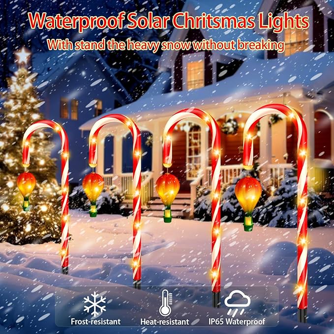 12 Pack Outdoor Solar Christmas Decorations, 180 Bright LED Solar Candy Cane Christmas Lights 8 Lighting Modes | Lumora