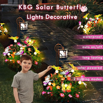 KBG Solar Garden Lights - Outdoor Waterproof Butterfly Lights, High Flexibility Iron Wire & Larger Solar Panel for Yard Patio Pathway Decoration (2-Pack Warm White)