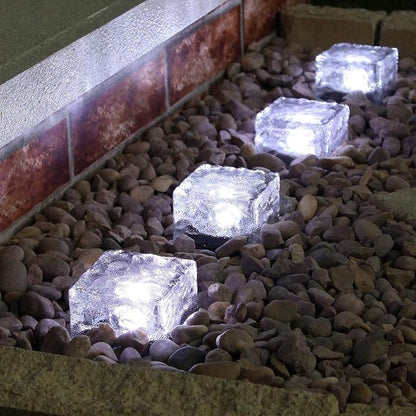 4 Pack Solar Path Ice Cube Lights Outdoor, Waterproof Glass LED Glass Clear Brick in-Groud Buried Festive Light Night Lamp for Garden Courtyard Pathway Patio Pool Pond Decoration(White)