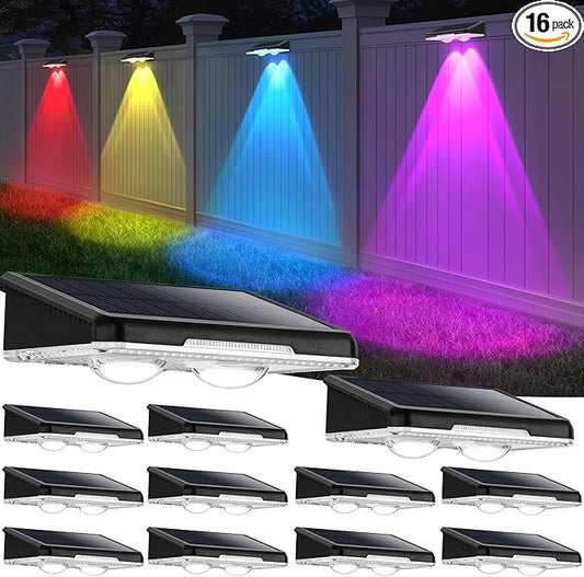 Solar Lights Outdoor 16-Pack, Waterproof Fence Lights Solar Powered with Warm White & 6 RGB Colors & 2 Lighting Modes for Backyard, Deck, Step, Stairs, Balcony, Yard, Patio, Walkway, Pathway