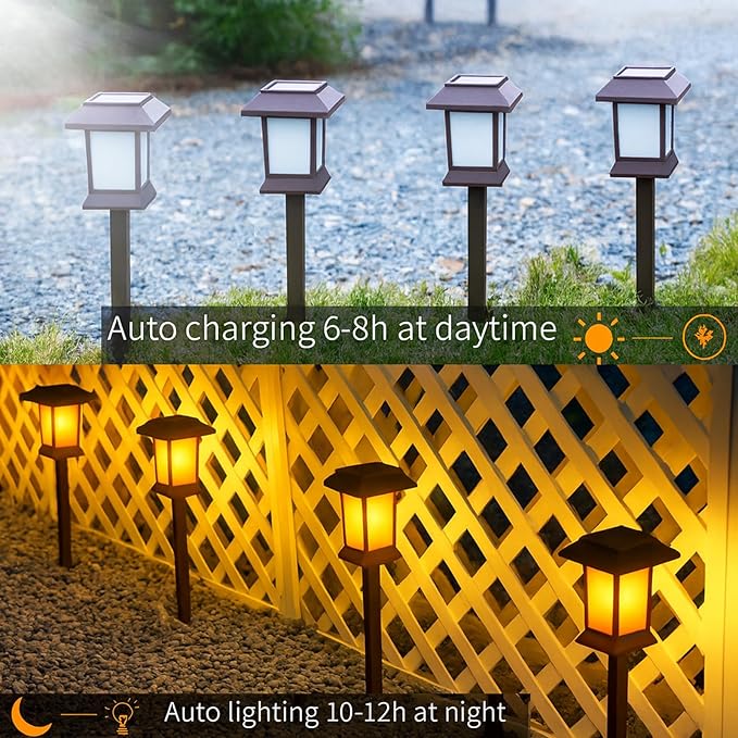 6Pack Solar Pathway Lights Outdoor with Flickering Flame, IP65 Waterproof, Solar Flame Lights with Hook, Upgraded | Lumora