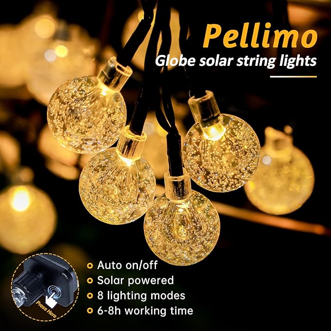 2-Pack 30 LED 20FT Solar String Lights Outdoor, Crystal Globe Lights with 8 Lighting Modes, Waterproof Solar Powered Patio Lights for Garden Yard Porch Wedding Party Decor (Warm White)