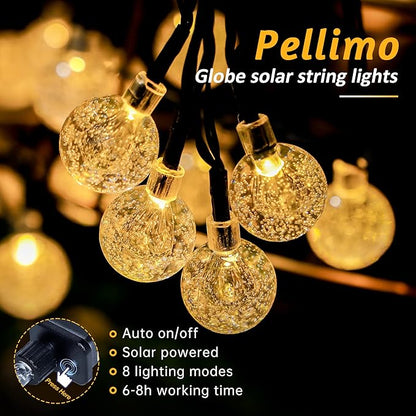 2-Pack 30 LED 20FT Solar String Lights Outdoor, Crystal Globe Lights with 8 Lighting Modes, Waterproof Solar Powered Patio Lights for Garden Yard Porch Wedding Party Decor (Warm White)