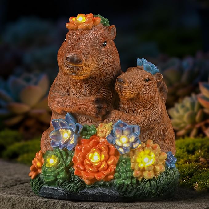 Solar Capybara Statue Outdoor Decor, Capybara Family Figurines with LED Light for Pond Patio Gardens Lawn, Housewarming for Women Mom Grandma