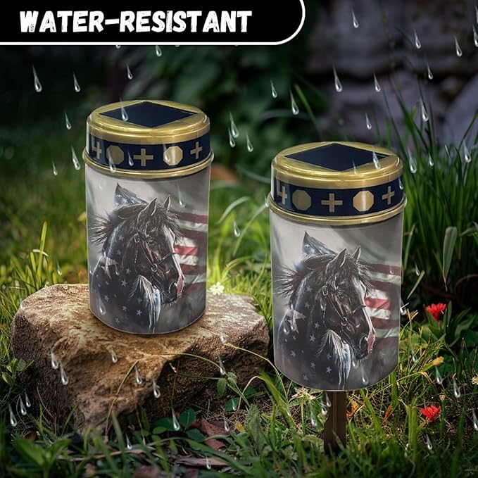 American Flag Horse Print Solar Garden Stake Lights,Solar Cemetery for Grave Outdoor Lights, Sympathy Memorial Gifts for Grandmother, for Garden Yard Lawn Patio Decor