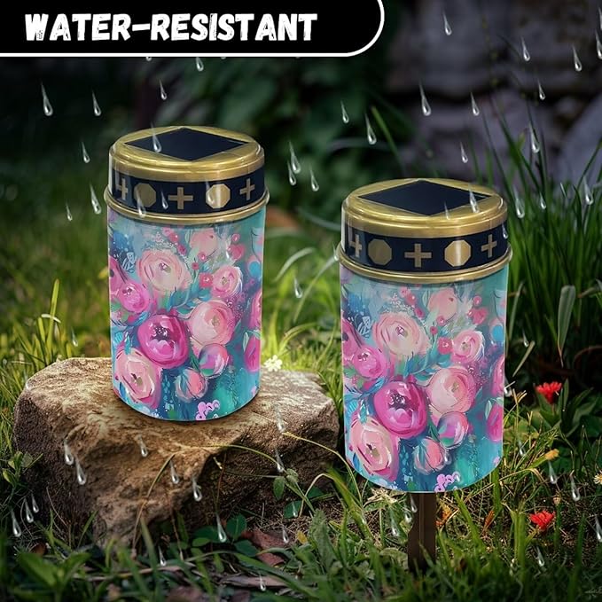 Pink Flower Garden Decor Solar Light Outdoor Stake Patio Yard Lawn Porch Pathway Grave Solar Lights for Cemetery Christmas Halloween Outside Waterproof Decorations