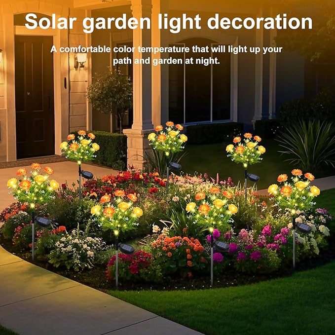 2 Pack Solar Flower Lights Outdoor - 14 Blooming Waterproof Snow Lotus Garden Lights for Festive Patio, Yard, Pathway, and Landscape Decoration - Auto On/Off, IP65