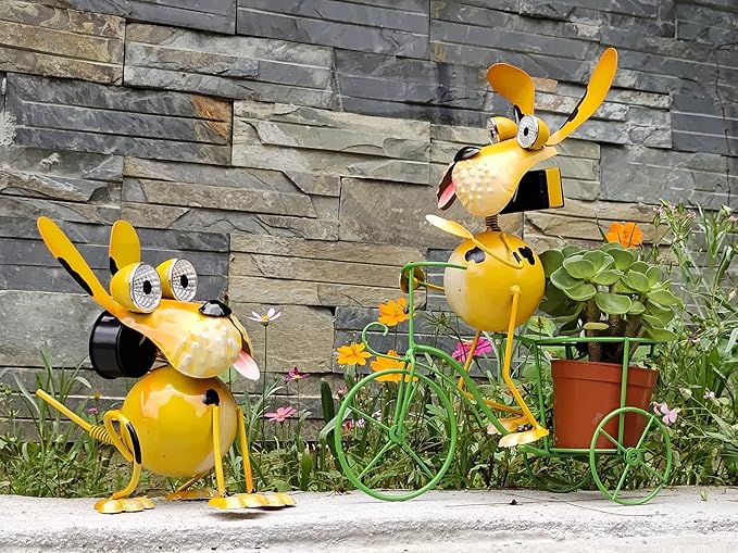 Dog Solar Lights Outdoor Cycling Plant Stand,Yard Art Metal Dog Statues,Outdoor Funny Statue for Garden Decor Yard Lawn Ornaments
