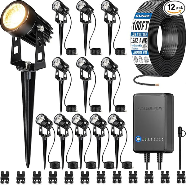 SUNVIE All-in-One LED Low Voltage Landscape Lighting Kit, 12-Pack Landscape Lights - Outdoor Security Flood Light | Lumora