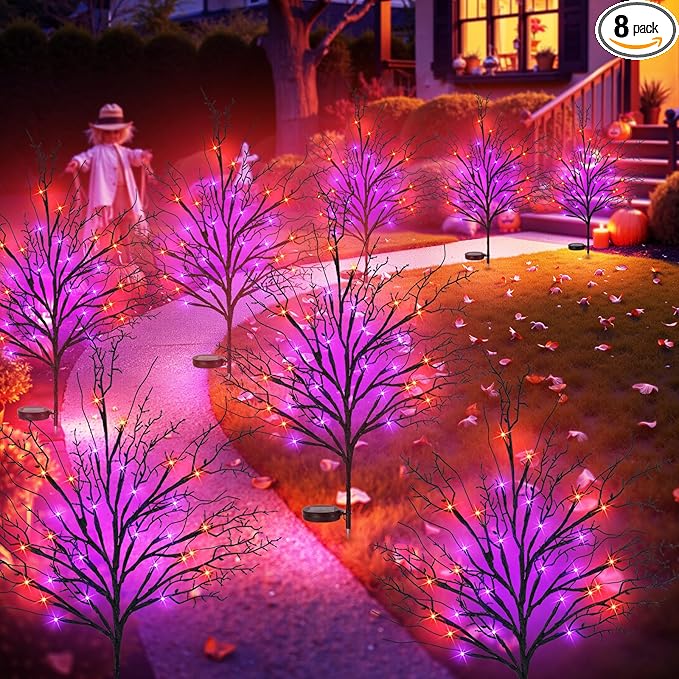 Halloween Solar Pathway Lights 8PCS, Halloween Outdoor Decorations, Artificial Tree Waterproof LED Lights for Lawn Yard Garden Driveway Porch Walkway, Auto On/Off