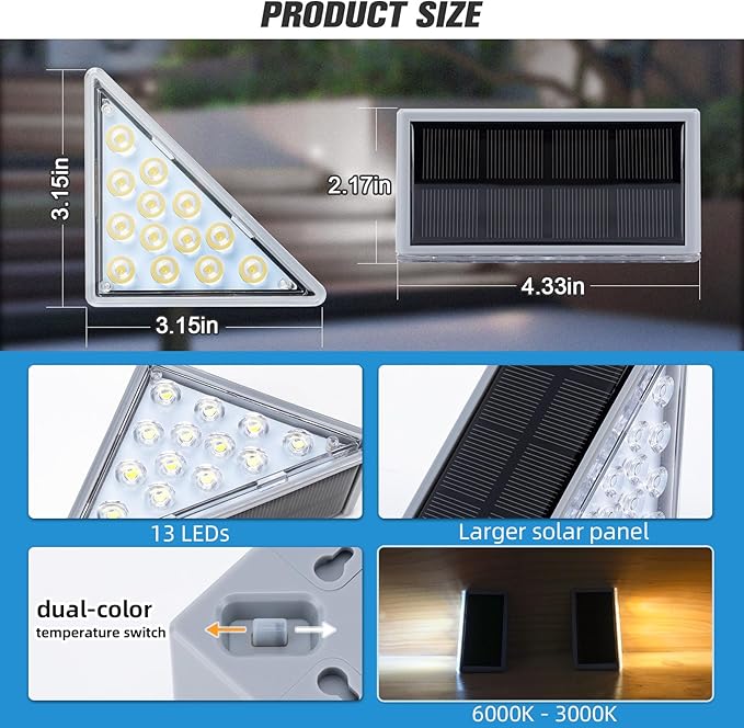 NIORSUN Solar Step Lights 16 Pack - Outdoor Stair Lights with 3000K Warm White & 6000K Cool Daylight, IP67 | Lumora