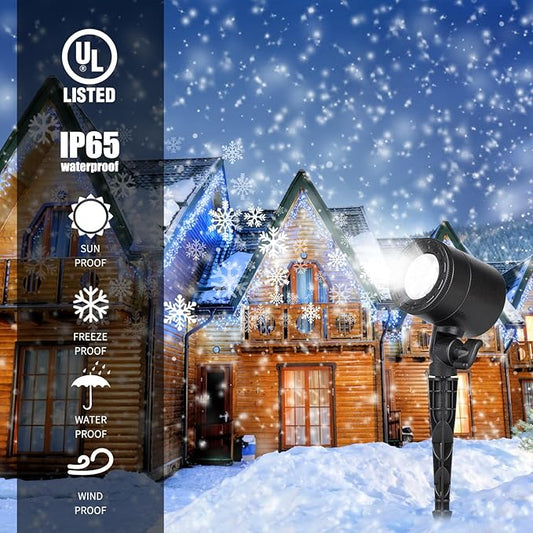 Christmas Snowflake Projector Lights Outdoor LED Snowfall Projection Landscape Lighting Waterproof Plug in Moving Effect Wall Mountable Snow Lights for Indoor Xmas Holiday Home Party New Year Show