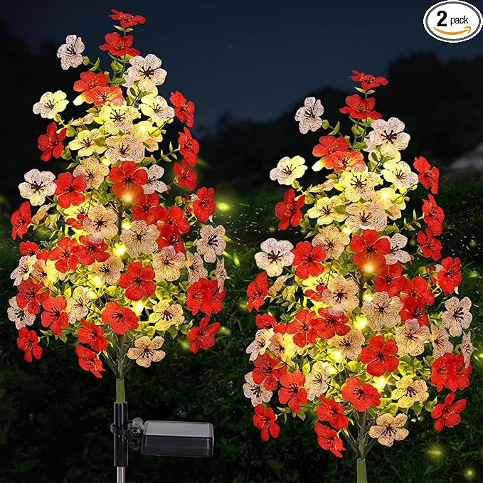 Solar Garden Flower Lights Outdoor Waterproof 2 Packs Solar Lights with Fake Orchid Flower Fairy Lights Outdoor Patio Yard Pathway Decoration Ideal Gifts for Women Mother's Day