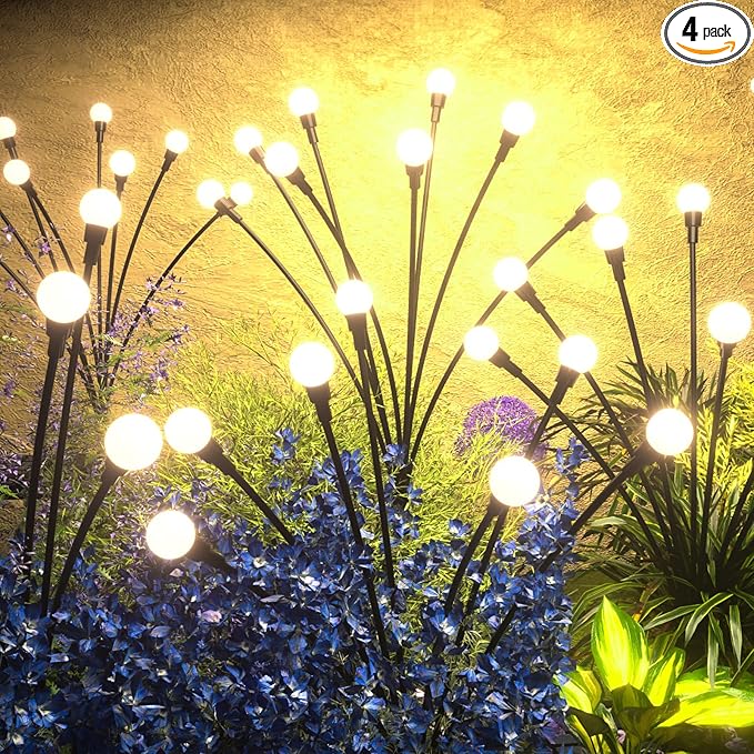 Solar Lights Outdoor - Upgraded 4-Pack of 32 LEDs Solar Garden Light,IP65 Waterproof Outdoor Decor Solar Firefly Lights for Yard,Pathway Decoration,Unique Gifts for Women and Grandma (Warm White)