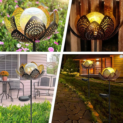Afirst Solar Lights Outdoor, Garden Lotus Stake Lights Waterproof Decorative Pathway Light Metal Crackle Glass Solar Light Landscape for Garden,Patio,Lawn,Walkway,Tabletop,Pathway,Yard Decor, Golden