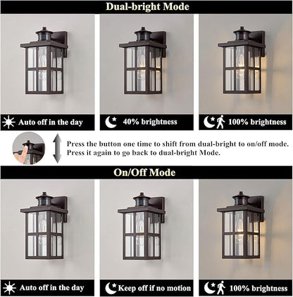 MICSIU Bronze Motion Sensor Outdoor Wall Light 2 Pack, 11.75" Dusk to Dawn Exterior Wall Sconce with 3 Modes, Clear Glass Anti-Rust Porch Light for House, Garage, Oil Rubbed Bronze, 2-Pack
