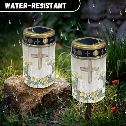 Cross Bible Solar Lights for Grave Solar Led Lights for Outside Waterproof Landscape Lights Cross Candle Holder for Cemetery Prayer Signs Solar Light Grave Garden Lawn Patio Yard Decor