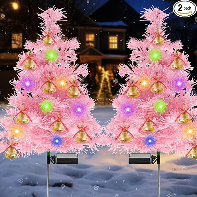 TONULAX Solar Christmas Tree Lights, Outdoor Christmas Decorations for Yard & Garden, Solar Powered Pink Color Christmas Tree Pathway Lights for Front Door & Lawn Decor (2 Pack)