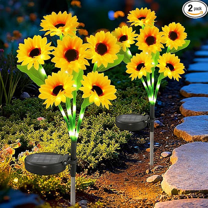 Anothera 2Pcs Solar Sunflower Lights Features Flashing or Steady-on Modes, Waterproof Sunflower Garden Lights for Outdoor Patio, Lawn, Valentine's Day Gifts for Wife and Girlfriend