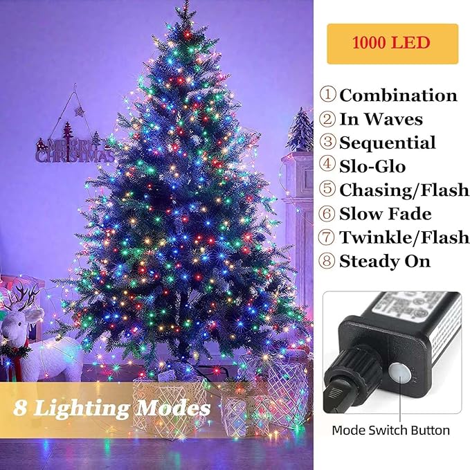 Tcamp 306FT 1000 LED Christmas Tree Lights Outdoor Indoor String Lights with Memory Timer Function, 8 Modes Green Wire Fairy String Light for Xmas Tree Holiday Party Decor (Multicolor)