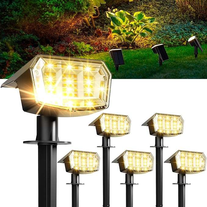 GIGALUMI Solar Spot Lights Outdoor Waterproof 6 Pack Warm White IP65, 63 LED 3 Lighting Modes Spotlights for Garage | Lumora