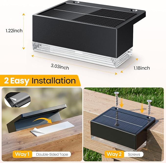Solar Deck Lights 8 Pack, 3 Color Modes Soft Warm/Natural/Cool Glow, IP65 Waterproof Step Lights for Outdoor Ambiance, Solar Lights for Fence, Deck, Railing, Patio & Backyard Decor (Black)