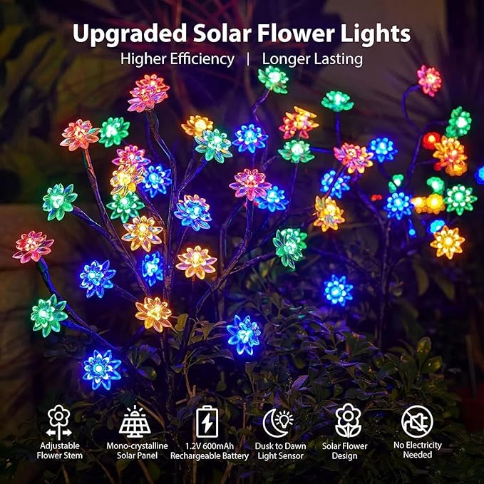WXZQHF Solar Garden Lights Outdoor, 20 LED Cherry Blossom Lights with Adjustable Stems, Multi-Color Solar Flower for Yard, Lawn, Patio & Pathway (IP65 Waterproof) (Warm White Cherry - 2 Pack)