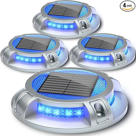 SIEDiNLAR Solar Driveway Lights Outdoor 4 Modes 40 LEDs Marine Dock Light Deck Driveway Markers Waterproof for Step Ground Walkway Pathway Yard Garden, Blue/White Dynamic Lighting (4 Pack)