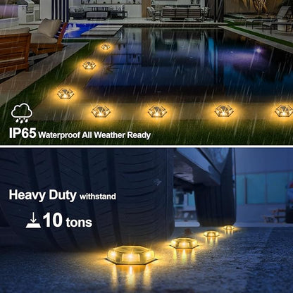Solar Dock Lights Driveway Deck Lights - 8 Packs Waterproof Outdoor LED Aluminum Dock Lighting Warning Step Light for Driveway Sidewalk Garden Pathway Yard (Warm White,Gray Shell)
