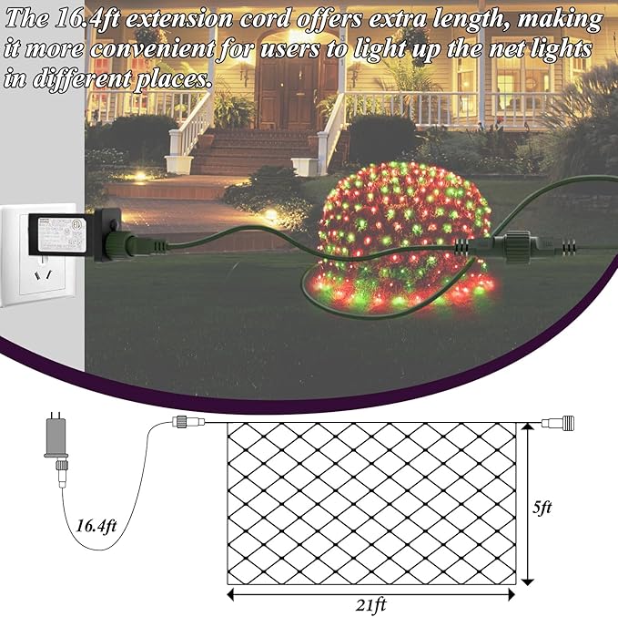 Lovelite 360LED Christmas Net Lights, 21ft x 5ft Mesh Lights Outdoor Green Wire 8 Modes Timer, Waterproof Connectable String Lights for Bushes Xmas Tree Garden Holiday Party Decor - Red Green