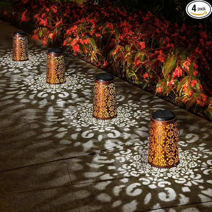 4 Pack Solar Hanging Lanterns Outdoor, 2 Modes Adjustable White & Warm Light, Auto On/Off Metal Waterproof Solar Lights for Patio Garden Wall & Tabletop Decor
