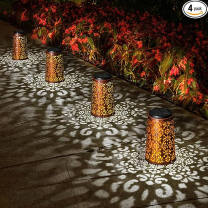 4 Pack Solar Hanging Lanterns Outdoor, 2 Modes Adjustable White & Warm Light, Auto On/Off Metal Waterproof Solar Lights for Patio Garden Wall & Tabletop Decor