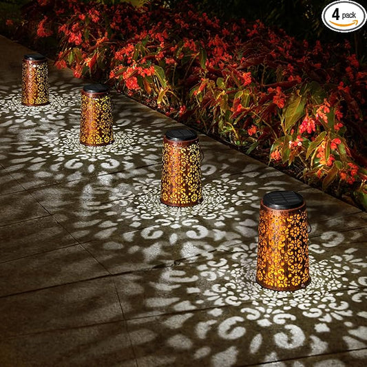 4 Pack Solar Hanging Lanterns Outdoor, 2 Modes Adjustable White & Warm Light, Auto On/Off Metal Waterproof Solar Lights for Patio Garden Wall & Tabletop Decor