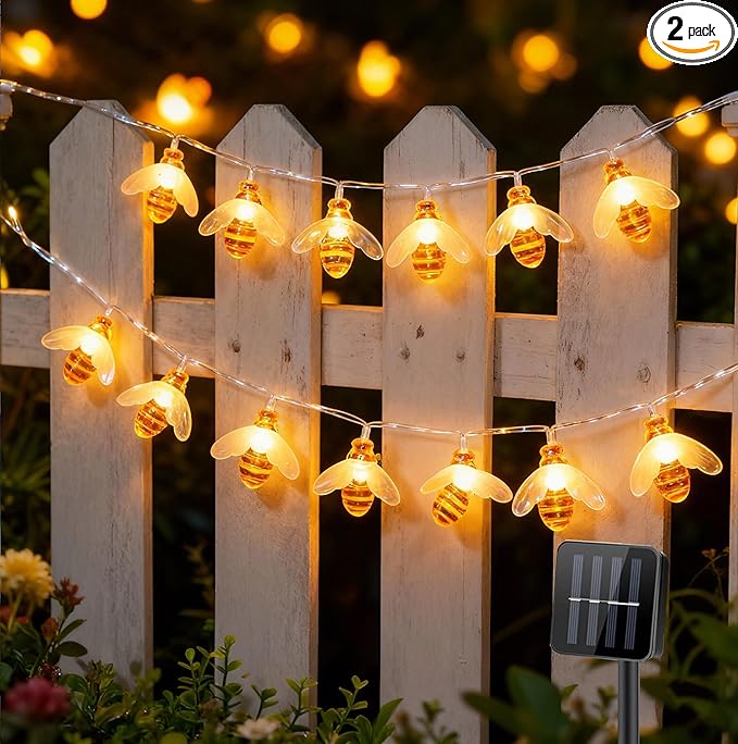 Vigdur 2 Pack Solar Bee String Lights Outdoor, 10 LED 3D Bee Fairy Lights, IP44 Waterproof Solar Powered for Windows, Fences, Patios, Christmas, Weddings & Party Decor (Warm White)