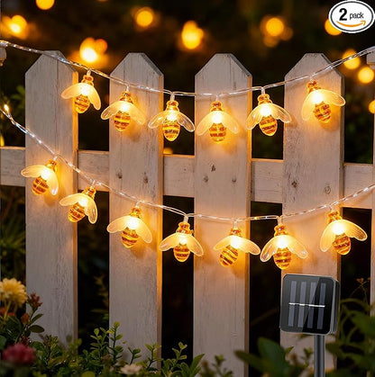 Vigdur 2 Pack Solar Bee String Lights Outdoor, 10 LED 3D Bee Fairy Lights, IP44 Waterproof Solar Powered for Windows, Fences, Patios, Christmas, Weddings & Party Decor (Warm White)