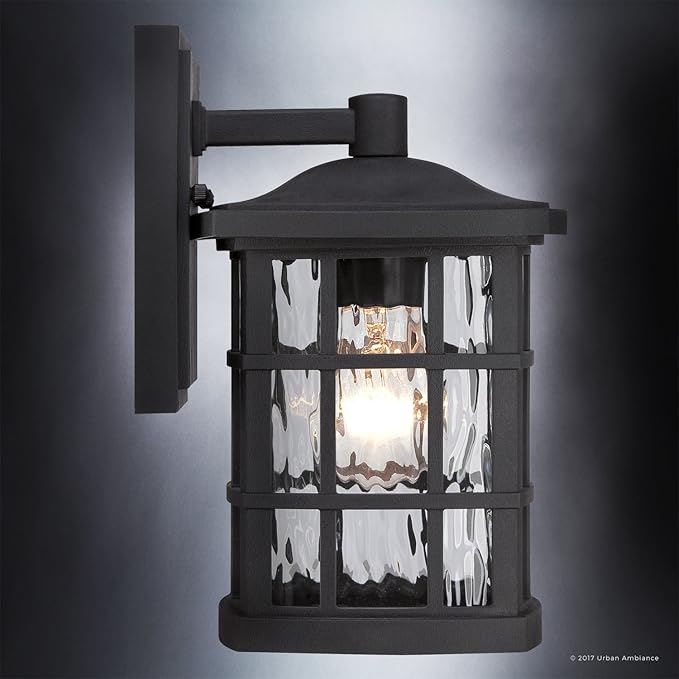 Urban Ambiance Luxury Craftsman Outdoor Wall Light, Small Size: 10.5" H x 6.5" W, with Tudor Style Elements, Highly-Detailed Design, High-End Black Silk Finish and Water Glass, UQL1230