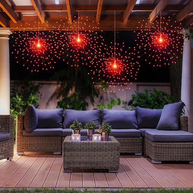 2 Pack Starburst Sphere Lights,200 LLED Firework Lights, 8 Modes Dimmable Remote Control Waterproof Hanging Fairy Light, Copper Wire Light for Patio Parties Christmas (Red)