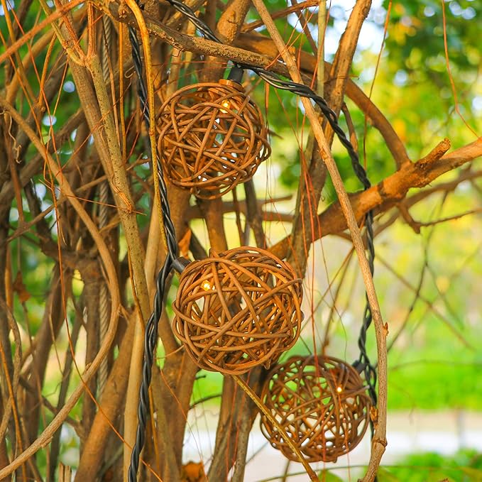 Vigdur Rattan Ball String Lights, Boho Lantern String Lights with 10 Led Bulbs Connectable, Indoor Outdoor String Light for Bedroom Wedding Garden Party Backyard Decor, 9.84FT