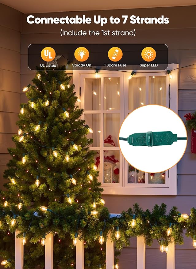 Vintage C9 LED Christmas Lights Outdoor, 100 Feet C9 String Lights with 100 LED C9 Plastic Bulbs, Waterproof Connectable Lights for Christmas Tree Roofline Garden Patio Backyard Decor, Warm White