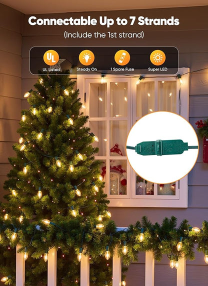 Vintage C9 LED Christmas Lights Outdoor, 100 Feet C9 String Lights with 100 LED C9 Plastic Bulbs, Waterproof Connectable Lights for Christmas Tree Roofline Garden Patio Backyard Decor, Warm White