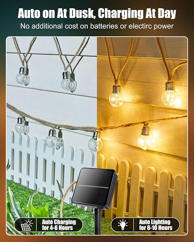 Brightown Solar String Lights Outdoor, 2 Pack 30Ft Vintage Hemp Rope Patio Lights with 15 Shatterproof Bulbs, 8 | Lumora