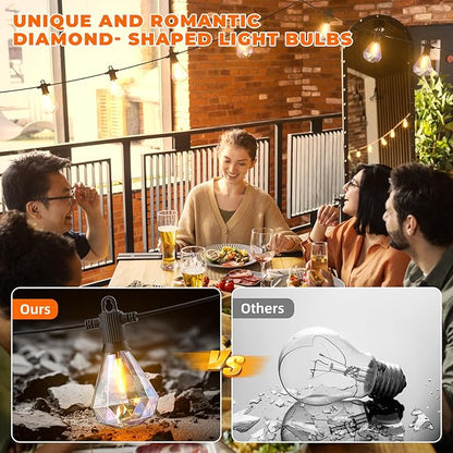 Kawaya Outdoor String Lights 97 FT LED Patio With 48+1 Shatterproof Unique Diamond Edison Bulbs 2700K Dimmable IP65 Waterproof for Yard Porch Deck Balcony Bistro Cafe