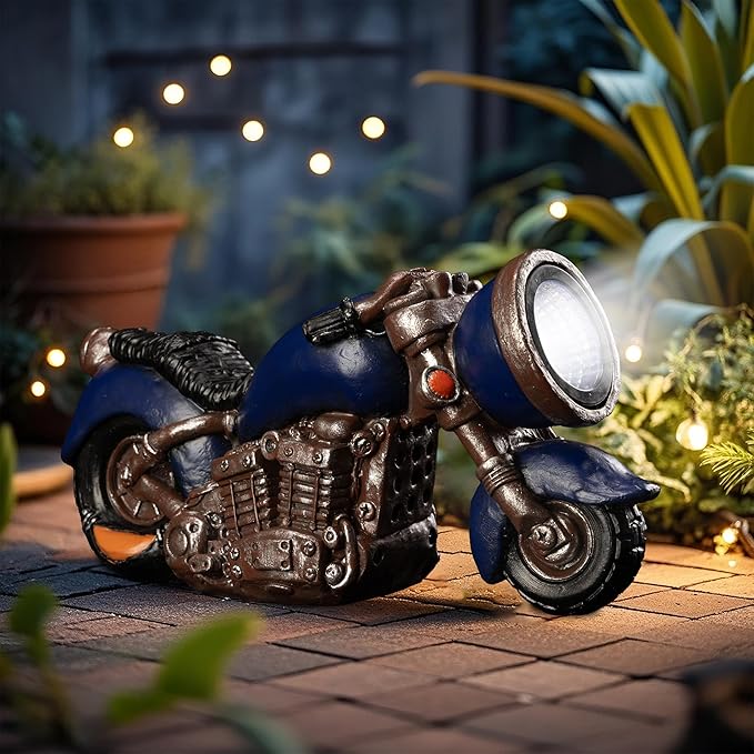 Solar Vintage Style Motorcycle Statue, Resin Rustic Retro Sculpture with LED Lights,Outdoor Art Decor for Garden Courtyard Lawn, Ideal Housewarming、Birthday Gift for Motorcycle Enthusiasts