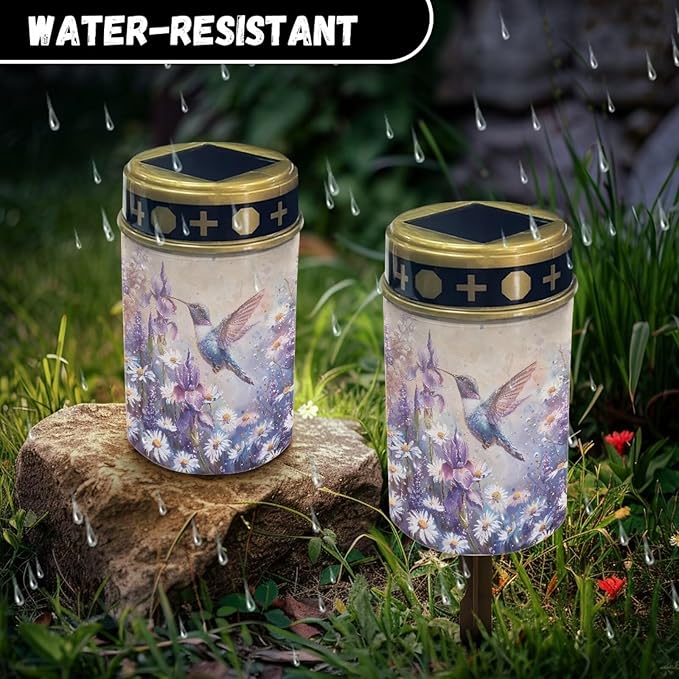 ZOUTAIRONG Solar Light for Cemetery Grave Outdoor Waterproof Powered Solar Pathway Lights 4 Pack Outdoor Cemetery Lights for Grave, Daisy Hummingbird Design