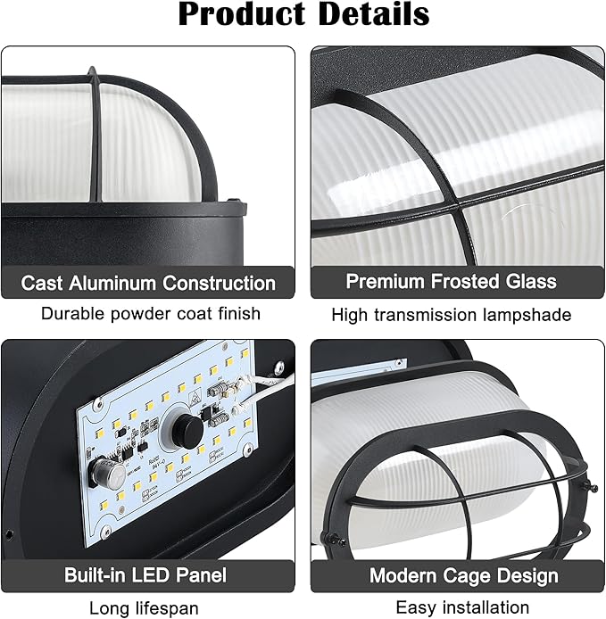 Outdoor LED Bulkhead Light Worked as Outdoor Flush Mount Ceiling Light, Wall Lantern, 6W 520Lumens 5000K Daylight, Dimmable, Aluminum Housing, Black 2 Pack