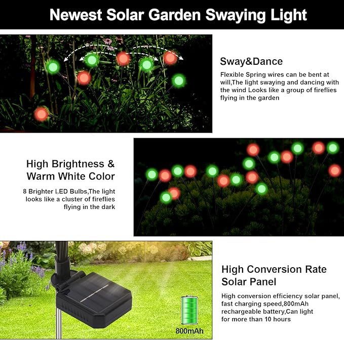 Solar Firefly Lights Outdoor Waterproof; 8 Modes Red and Green Firefly Swaying Solar Garden Lights Stakes for | Lumora