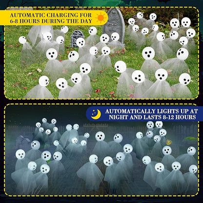 VIHOSE 2 Packs Halloween Solar Lights Outdoor 12 LED Solar Ghost Pathway Lights Waterproof Spooky Ghost Path Light Outdoor Halloween Decorations for Outside Garden Lawn Yard Decors (White)