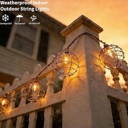 Decorative Indoor Outdoor String Lights, 10 Bulbs Patio Globe Vintage Lantern String Light, Iron Wire Twist Ball Covers, UL Listed Plug In Connectable Lights for Bedroom Porch Backyard Mantel Decor